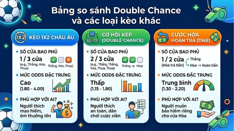 Bảng so sánh Double Chance và các loại kèo khác